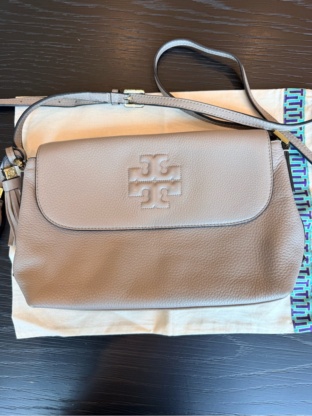Tory Burch Beige Pebbled Leather Crossbody Bag